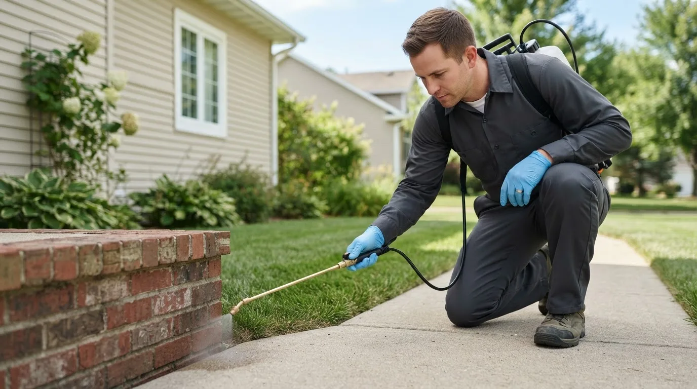 Pest control technician treating a home near Belmont, NH