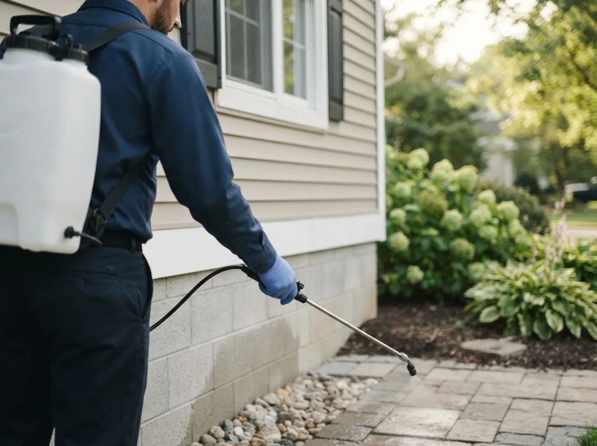 Pest control technician inspecting a home in Belmont, NH